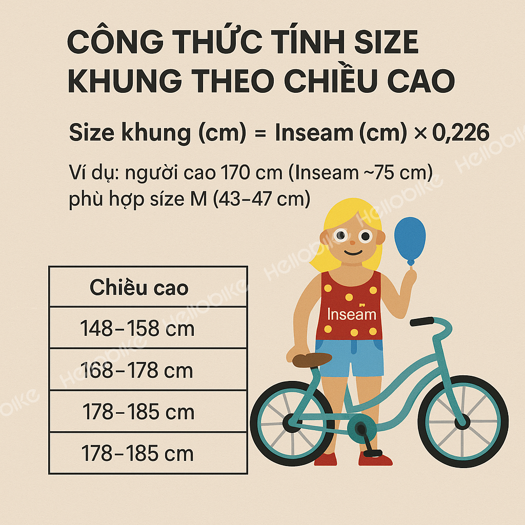 ông thức tính size xe đạp theo chiều cao